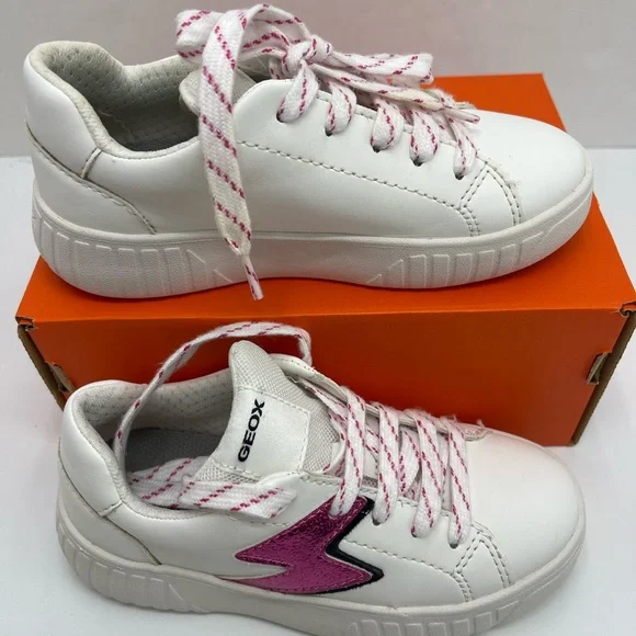 Geox Kids White Leather Sneakers with Pink Lightning Bolt with orthopedic insole - Picture 15 of 16